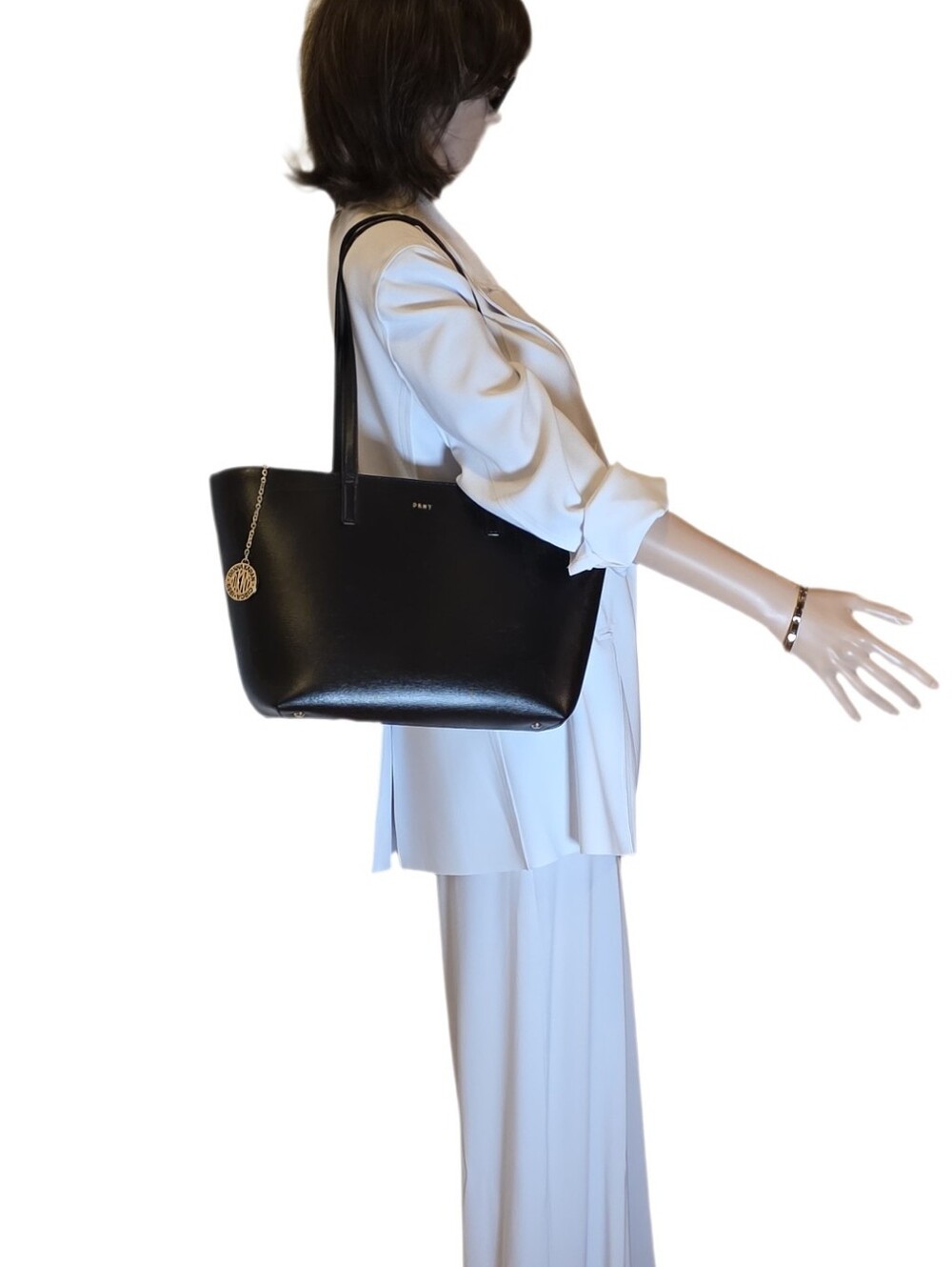 DKNY Bryant Saffiano Cow Leather Medium Tote Bag Black Gold Hardware EUC - Picture 4 of 17